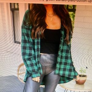 Northern sky green Buffalo plaid button up blouse